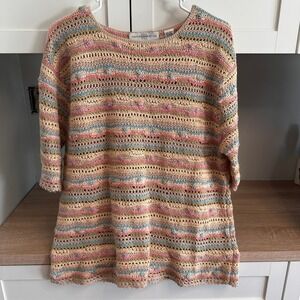 Vintage 90s Crochet Sweater Womens XL Multi Color Floral Linen Blend Top Cottage